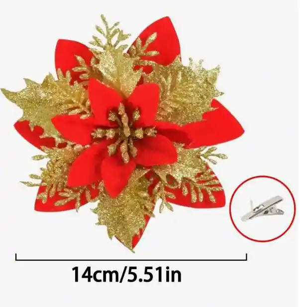 Flor Decorativa Navidad Arbolito Navideña Roja Con Dorado