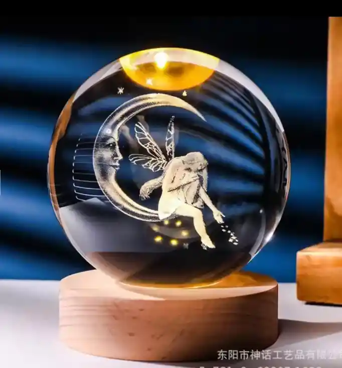 Lámpara De Bola De Cristal De Hadas De Luna 3d Con Base De Madera, Figura Grabada Con Láser, Decoración Del Hogar, Regalo De Luz Nocturna Para Mujeres, Pisapapeles De Esfera De Vidrio