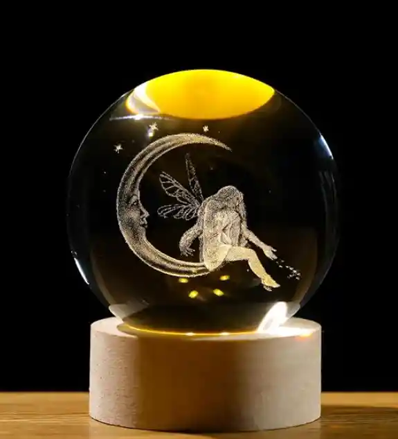 Lámpara De Bola De Cristal De Hadas De Luna 3d Con Base De Madera, Figura Grabada Con Láser, Decoración Del Hogar, Regalo De Luz Nocturna Para Mujeres, Pisapapeles De Esfera De Vidrio