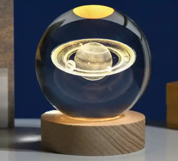 Lampara Esfera Bola De Cristal 3d Base De Madera Saturno