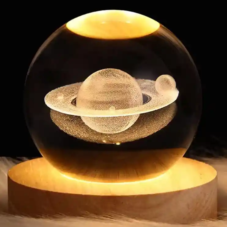 Lampara Esfera Bola De Cristal 3d Base De Madera Saturno