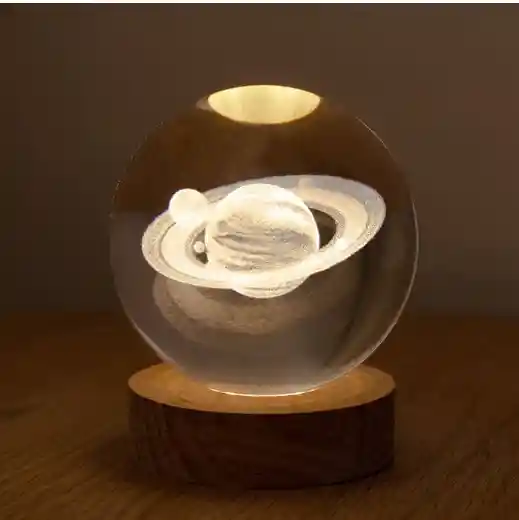 Lampara Esfera Bola De Cristal 3d Base De Madera Saturno
