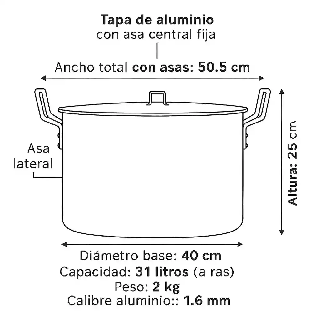 Olla Grande 31 Litros Extra Fuerte 40x25 Institucional Aluminio
