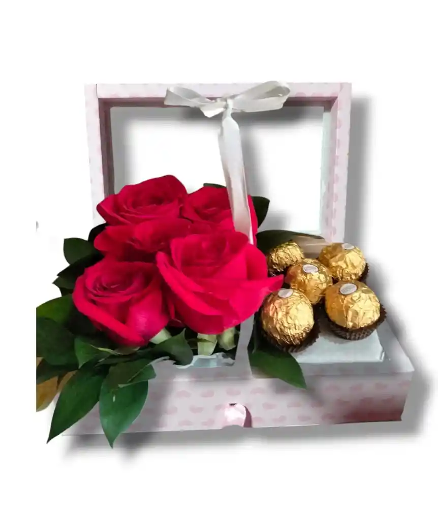 Caja De 5 Rosas 5 Chocolates Ferrero