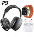 Diadema P9 Con Bluetooth + Reloj Smartwatch + Airpods Pro 2 Control De Volumen Tactil Aaa/blanco