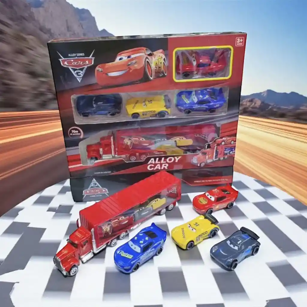 Cars Mula Niñera Rayo Mcqueen Con 4 Carritos De Impulso Metálicos