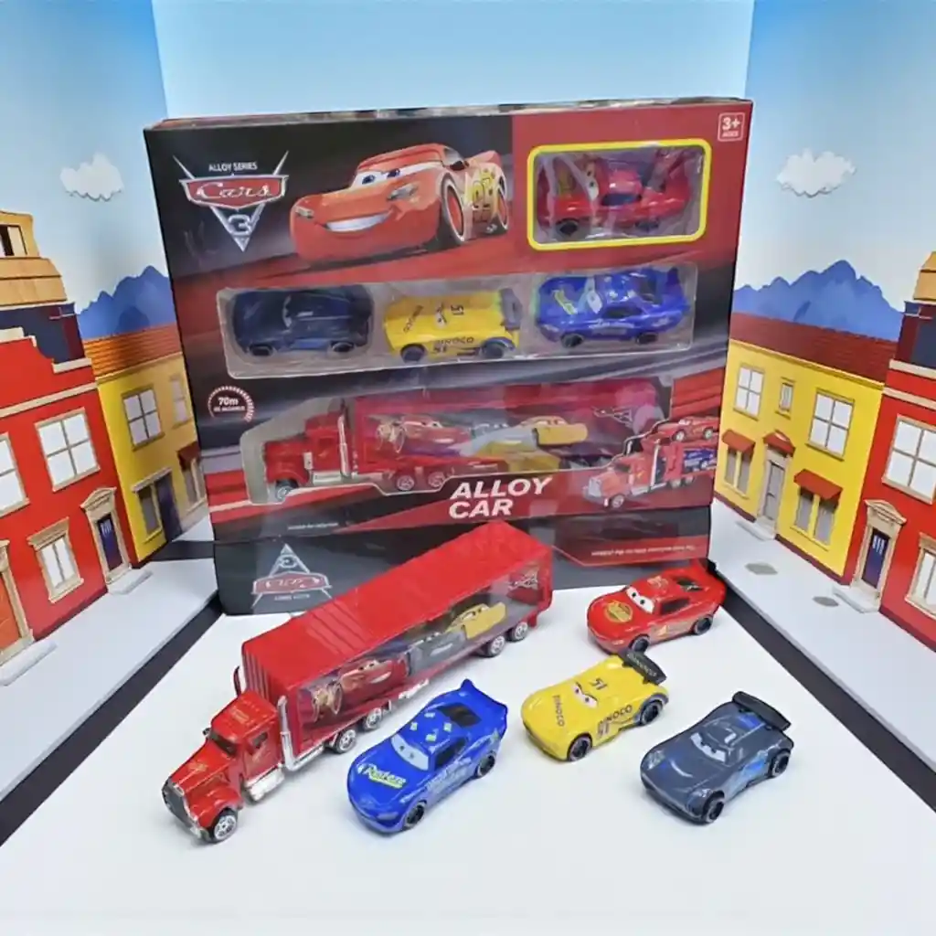 Cars Mula Niñera Rayo Mcqueen Con 4 Carritos De Impulso Metálicos