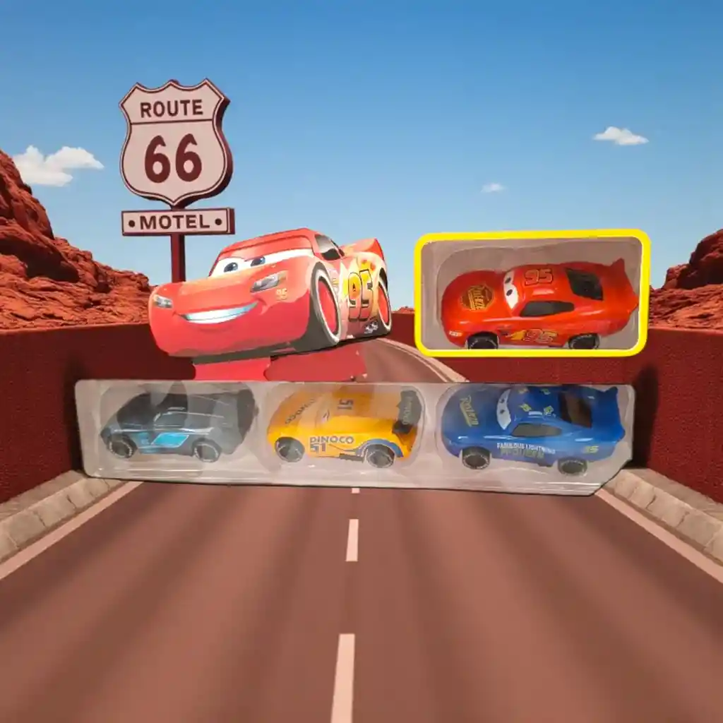 Cars Mula Niñera Rayo Mcqueen Con 4 Carritos De Impulso Metálicos