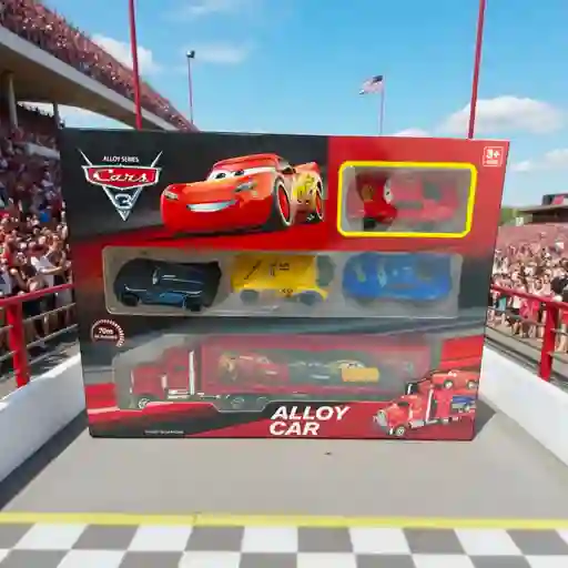 Cars Mula Niñera Rayo Mcqueen Con 4 Carritos De Impulso Metálicos