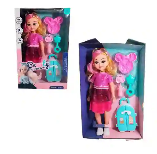 Muñeca Con Vestido Maleta + Accesorios De Juguete Niñas