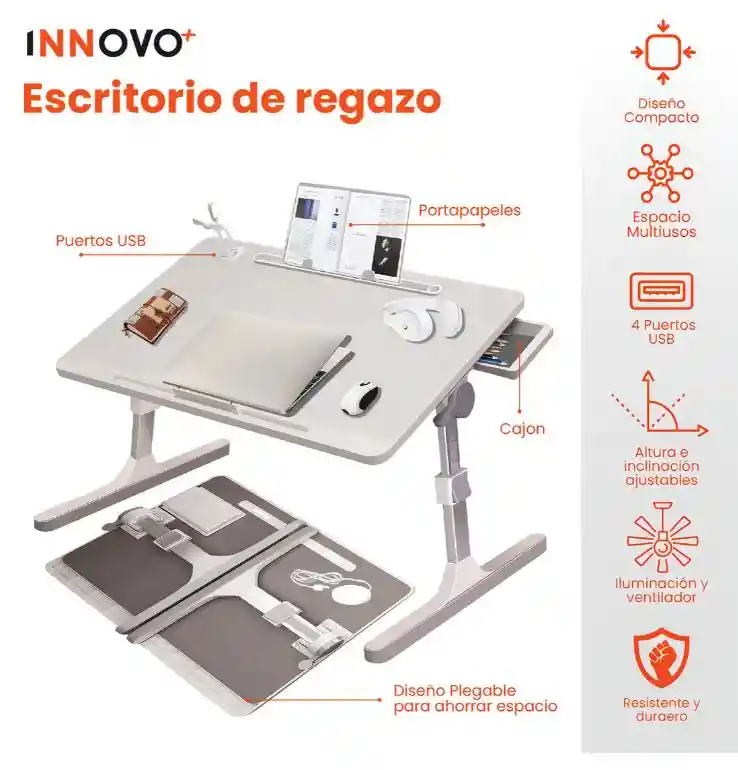 Mesa Laptop Ajustable Con Luz Ergonómica Trabaja En Casa Para Cama Estudió Innovo