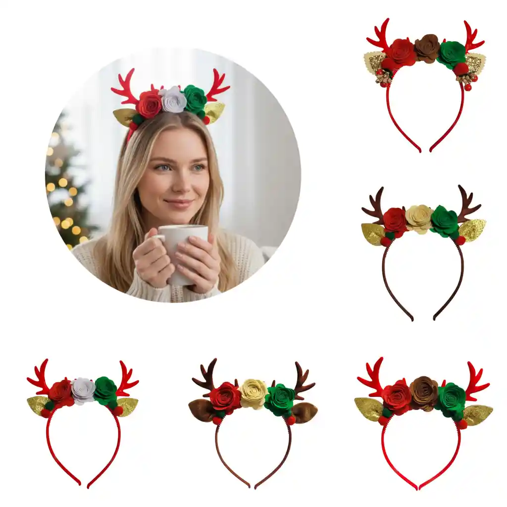 Balaca Navideña Diadema Navidad Reno Y Flores