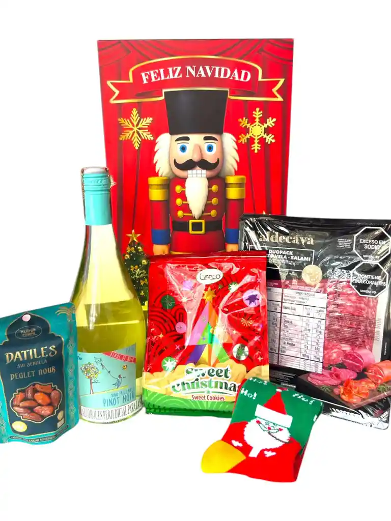 Ancheta Noche Buena Con Datiles, Vino Pinot Noir Y Calcetines Divertidos - Regalo De Navidad - Ancheta Regalo Familiar O Empresarial