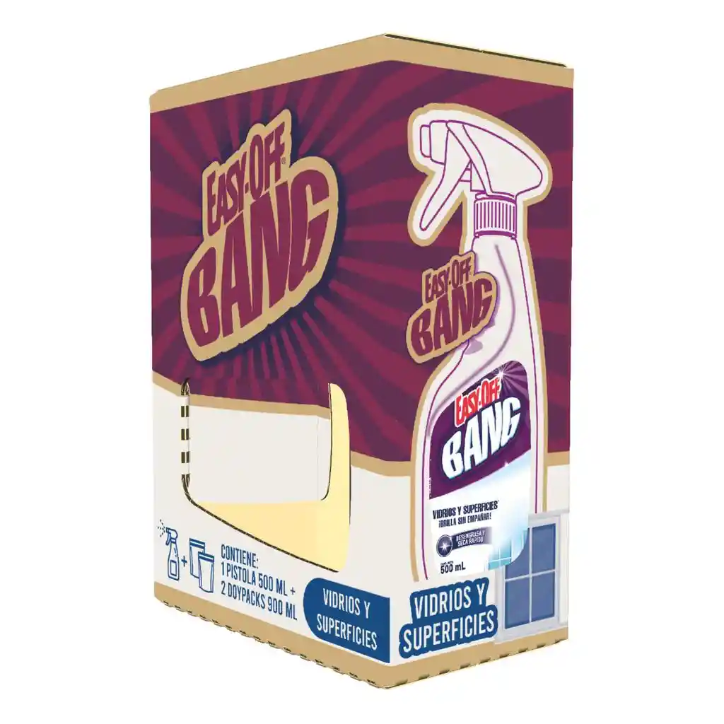Easy Off Bang Limpia Vidrios Y Superficies 2 Unidades / 900 Ml + 1 Pistola 500 Ml
