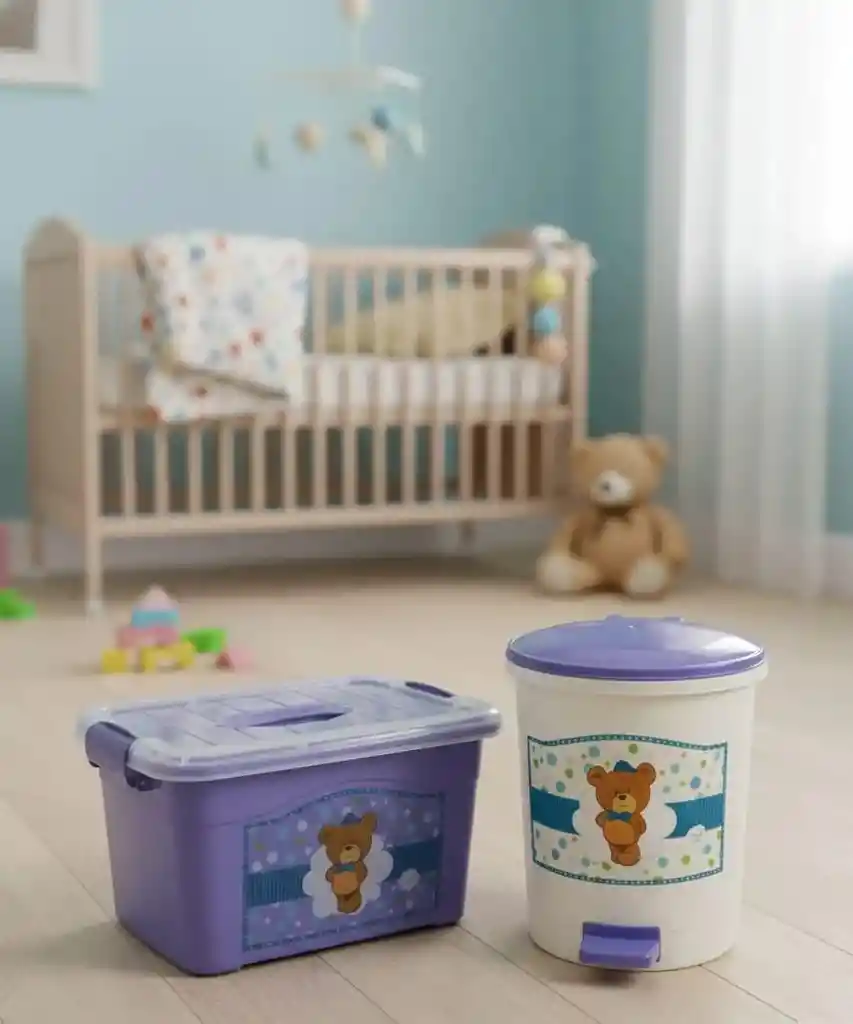 Caja Organizadora 10ltrs Y Papelera Bebé 7 Ltrs Orden Fácil Azul Lavanda Con Diseño Para Bebe
