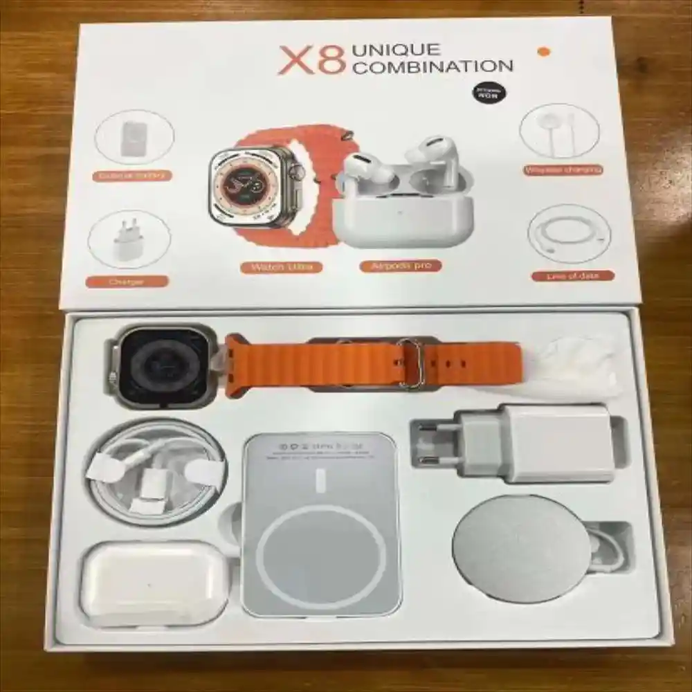 Combo Reloj Watch X8 Ultra + Audifonos In Ear + Power Bank Negro O Naranja