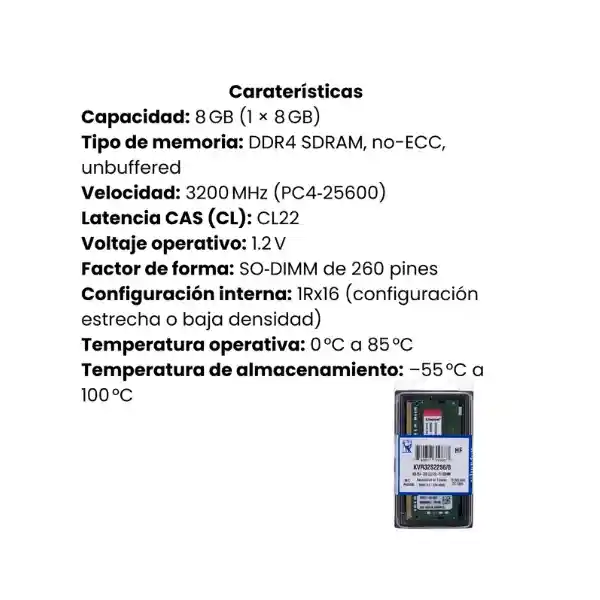Memoria Ram Kingston 8gb Ddr4 3200mhz Portátil Configuración Estrecha