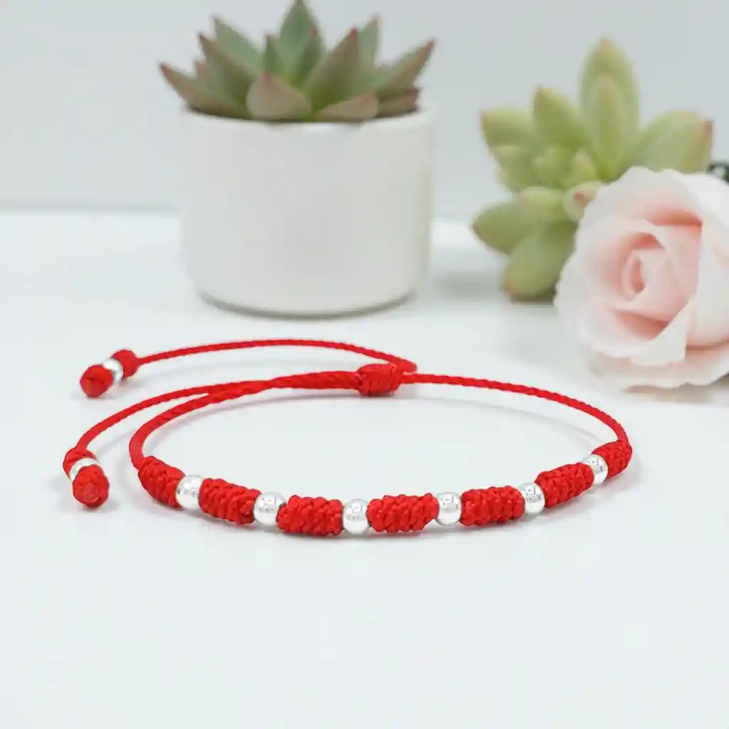 Pulsera 7 Nudos Hilo Rojo Plata Italiana 925 De 4mm