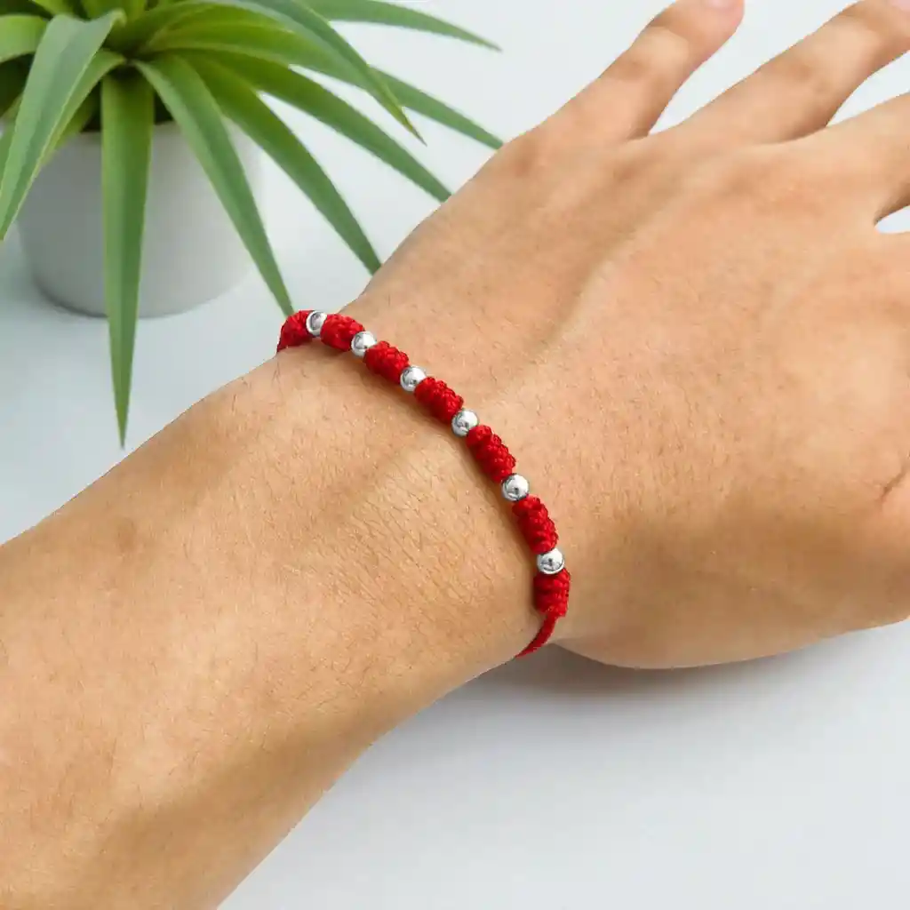 Pulsera 7 Nudos Hilo Rojo Plata Italiana 925 De 4mm