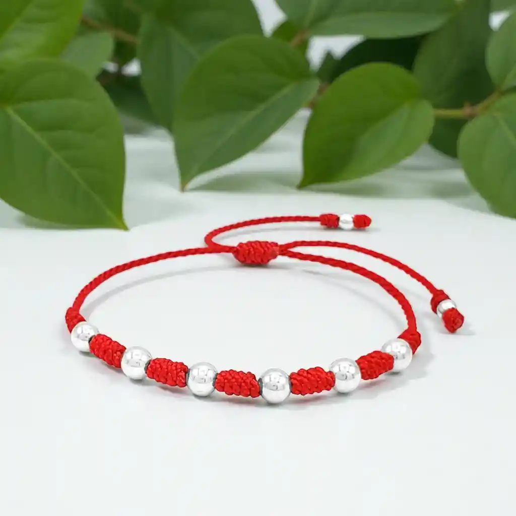 Pulsera 7 Nudos Hilo Rojo Plata Italiana 925 De 6mm