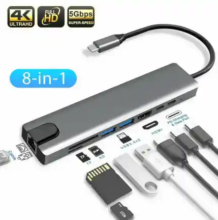Adaptador Usb-c 8 En 1 Otg Lj-47 – Lectura Y Transferencia 480 Mbps