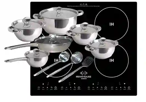 Estufa De Induccion 4 Puestos Empotrable + Bateria 15 Piezas