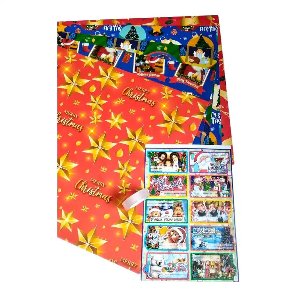 Papel Regalo Navidad *5 Pliegos+1 Lamina De Tarjetas Navideñas*10und+cinta Transparente Mediana 12mm*25mts