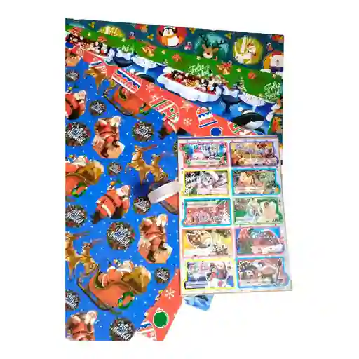 Papel Regalo Navidad *5 Pliegos+1 Lamina De Tarjetas Navideñas*10und+cinta Transparente Mediana 12mm*25mts