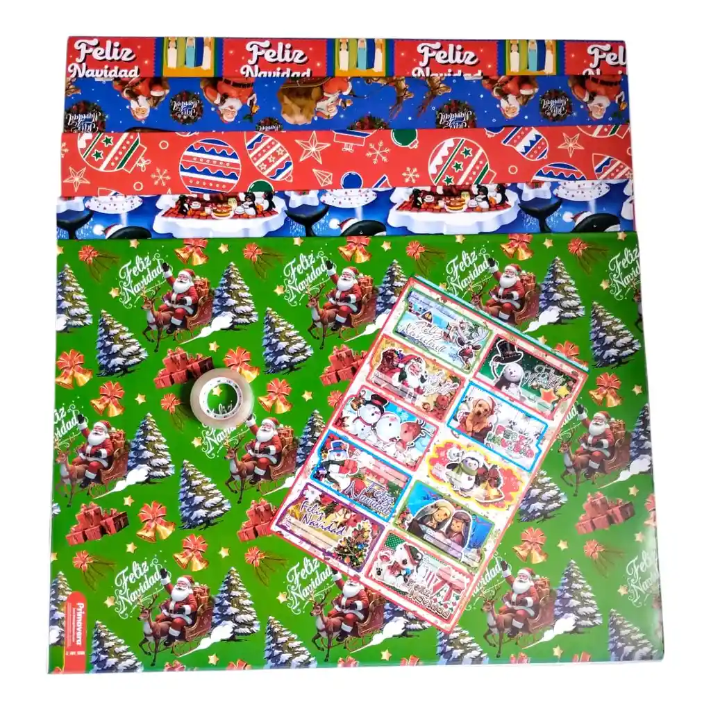 Papel Regalo Navidad *5 Pliegos+1 Lamina De Tarjetas Navideñas*10und+cinta Transparente Mediana 12mm*25mts