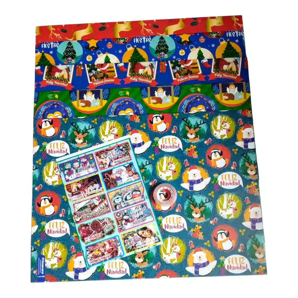 Papel Regalo Navidad *5 Pliegos+1 Lamina De Tarjetas Navideñas*10und+cinta Transparente Mediana 12mm*25mts
