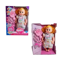 Muñeca Bebe Con Vestido Sonajero + Utencilios De Comida