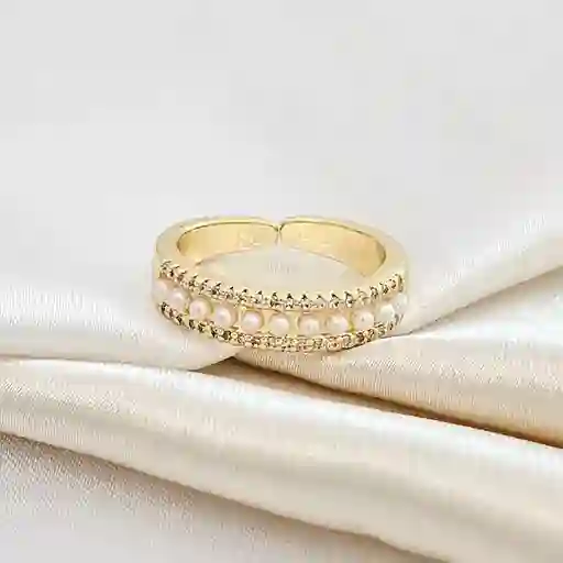 Anillo Doble Perla Y Circones Dorado
