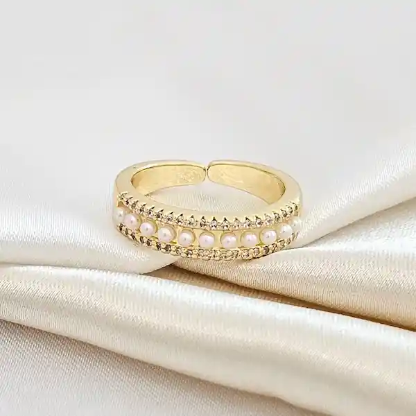 Anillo Doble Perla Y Circones Dorado