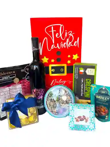 Ancheta Ho Ho Box Con Vino, Galletas Y Chocolates - Regalo De Navidad - Ancheta Regalo Familiar O Empresarial
