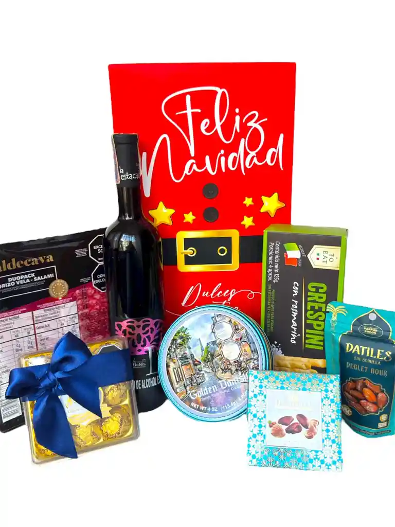 Ancheta Ho Ho Box Con Vino, Galletas Y Chocolates - Regalo De Navidad - Ancheta Regalo Familiar O Empresarial