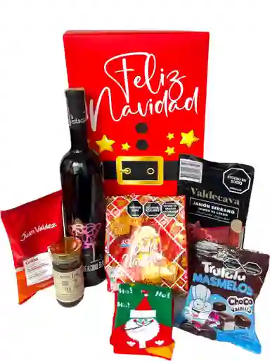 Ancheta Papà Noel Con Vino, Galletas Y Jamon Serrano - Regalo De Navidad - Ancheta Regalo Familiar O Empresarial