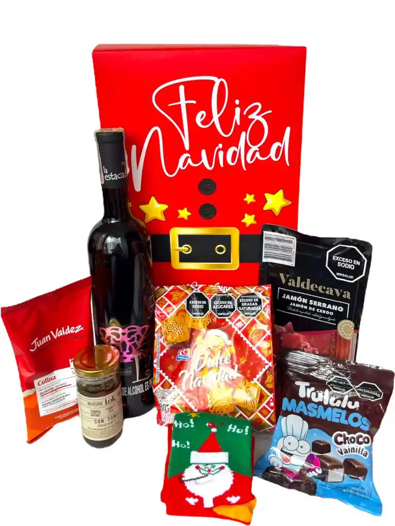 Ancheta Papà Noel Con Vino, Galletas Y Jamon Serrano - Regalo De Navidad - Ancheta Regalo Familiar O Empresarial