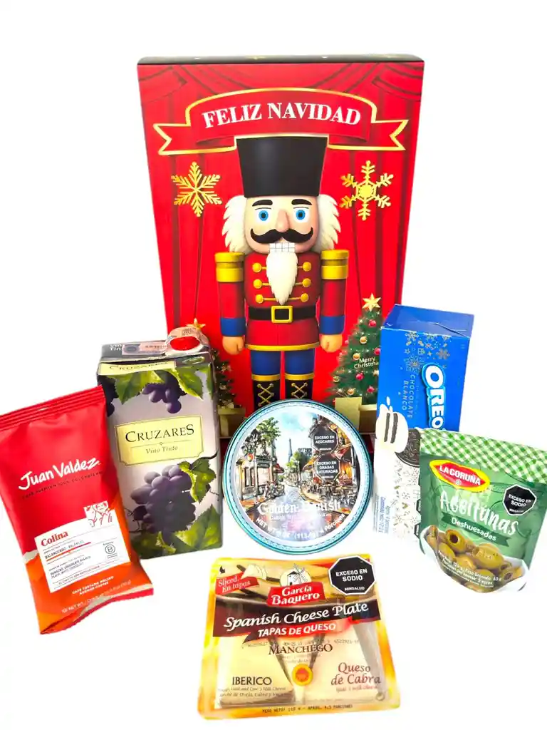 Ancheta Canasta De Navidad Con Galletas, Vino Y Tapas De Queso - Regalo De Navidad - Ancheta Regalo Familiar O Empresarial