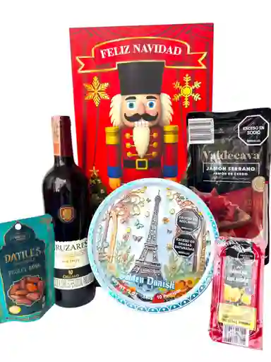 Ancheta Diciembre Magico Con Vino Tinto, Queso Holandes Y Galletas Danish - Regalo De Navidad - Ancheta Regalo Familiar O Empresarial