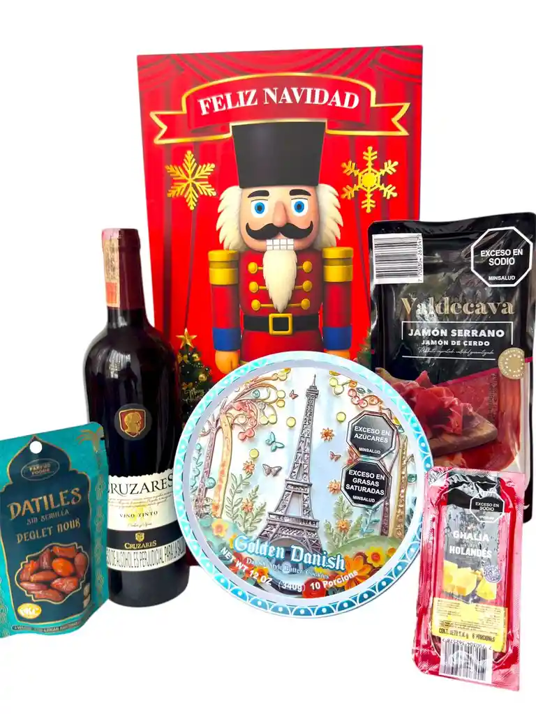 Ancheta Diciembre Magico Con Vino Tinto, Queso Holandes Y Galletas Danish - Regalo De Navidad - Ancheta Regalo Familiar O Empresarial