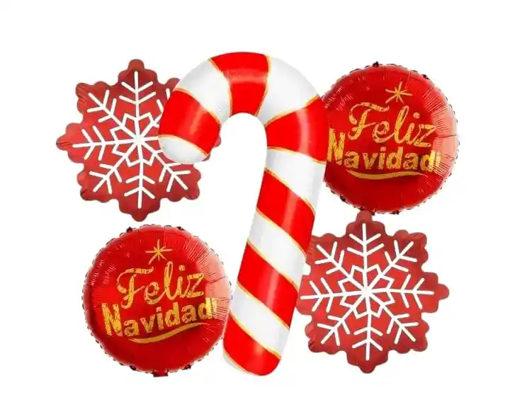Kit 5 Globos Metalizados Bastón Feliz Navidad