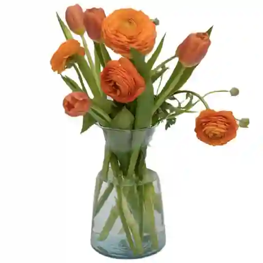 Flores Tulipanes Y Ranunculos Naranja En Jarron
