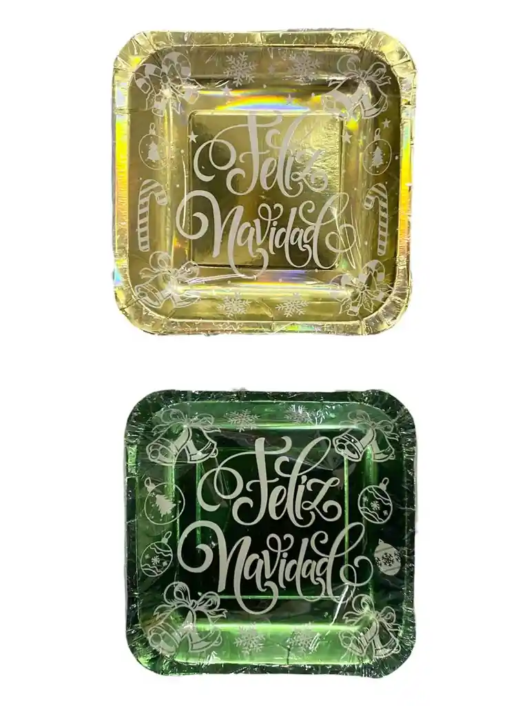 Plato Cartón Cuadrado Navideño Verde Campanas X 12 Unds