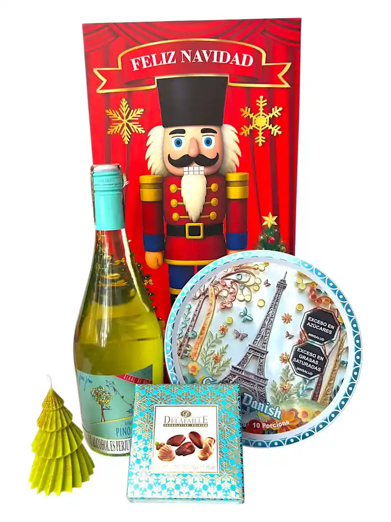 Ancheta Sabores De Diciembre Con Vela Navideña, Galletas Y Vino Pinot Noir - Regalo De Navidad - Ancheta Regalo Familiar O Empresarial