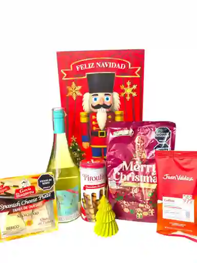Ancheta Encanto Navideño Con Cafe, Vino Pinot Noir Y Queso Manchego - Regalo De Navidad - Ancheta Regalo Familiar O Empresarial