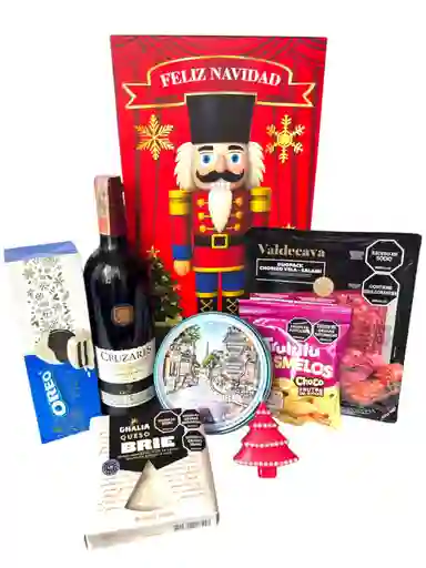 Ancheta Noche De Luz Con Vino Tinto, Galletas Y Queso Brie - Regalo De Navidad - Ancheta Regalo Familiar O Empresarial