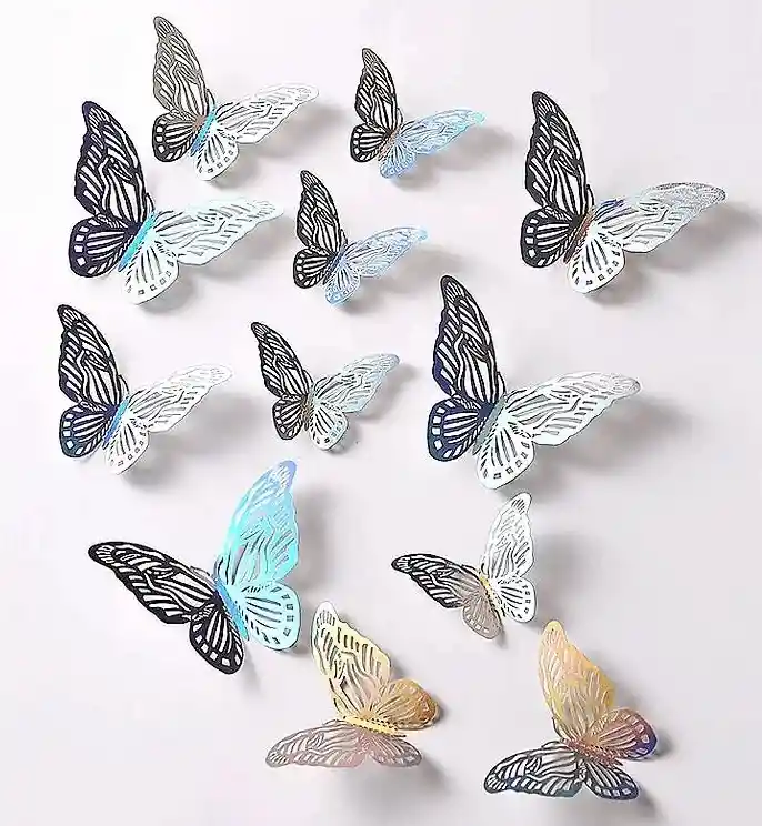 Mariposas Decorativas 3d Metalizadas Plateadas X 12 Und