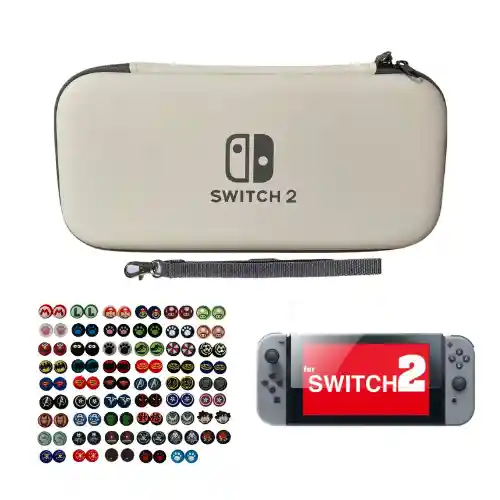Estuche Rígido Blanco + Vidrio + 2 Grips Compatible Con Switch 2