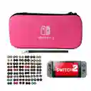 Estuche Rígido Rosa + Vidrio + 2 Grips Compatible Con Switch 2
