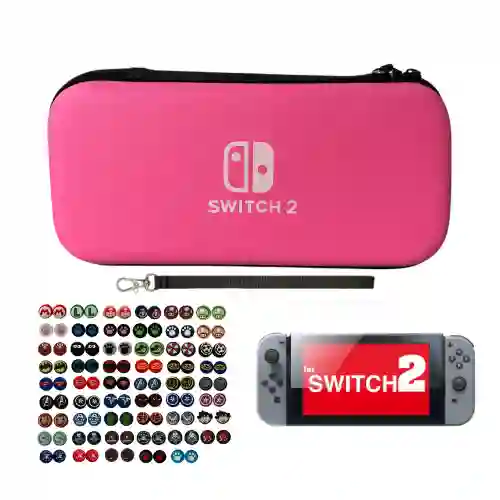 Estuche Rígido Rosa + Vidrio + 2 Grips Compatible Con Switch 2